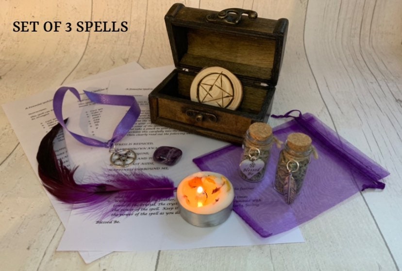 Triple spell set  ANXIETY - PROTECTION - SLEEP spell kit in wooden chest • witchcraft , pagan • soy wax vegan candle • gift • spell magick •