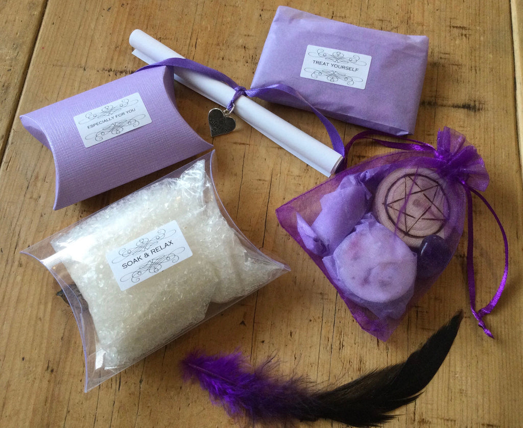 EASE ANXIETY SPELL kit • anti-anxiety spell • deluxe gift set • witchcraft • soy wax candle • relaxing bath salts • angel wing necklace