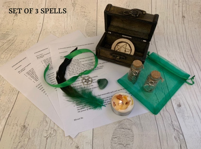 MIX & MATCH Triple spell set in wooden chest • pick 3 spells • witchcraft • get rich • magic spell kit • soy wax vegan candle crystals gift