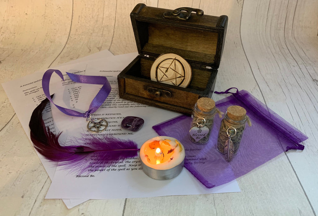 Triple spell set  ANXIETY - PROTECTION - SLEEP spell kit in wooden chest • witchcraft , pagan • soy wax vegan candle • gift • spell magick •