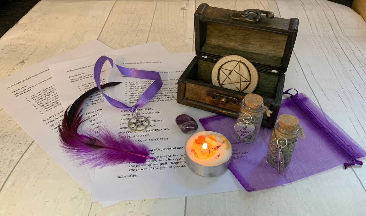 Triple spell set  ANXIETY - PROTECTION - SLEEP spell kit in wooden chest • witchcraft , pagan • soy wax vegan candle • gift • spell magick •