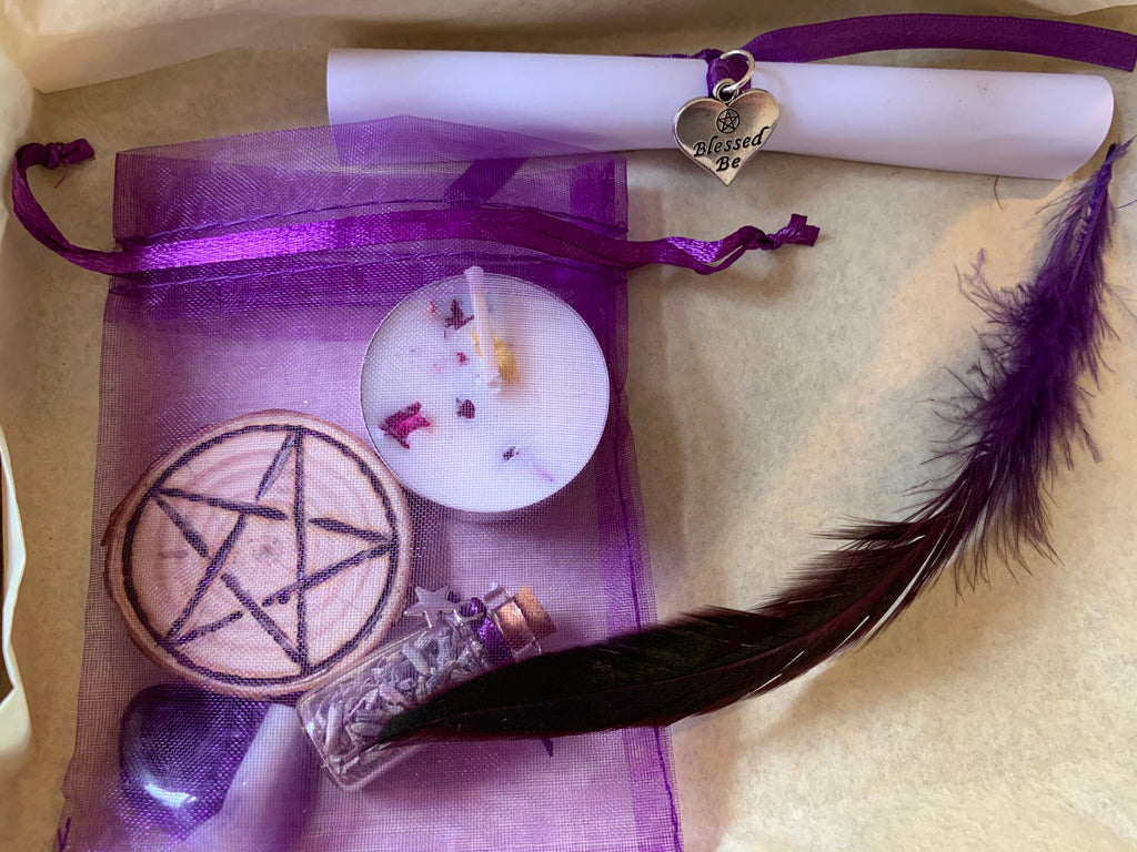 EASE ANXIETY SPELL kit • anti-anxiety spell • deluxe gift set • witchcraft • soy wax candle • relaxing bath salts • angel wing necklace
