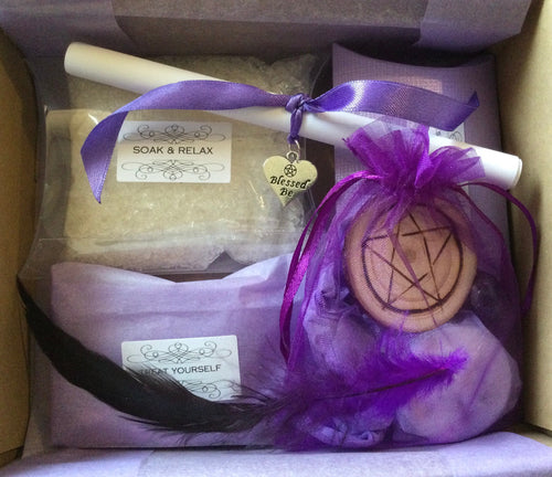 EASE ANXIETY SPELL kit • anti-anxiety spell • deluxe gift set • witchcraft • soy wax candle • relaxing bath salts • angel wing necklace