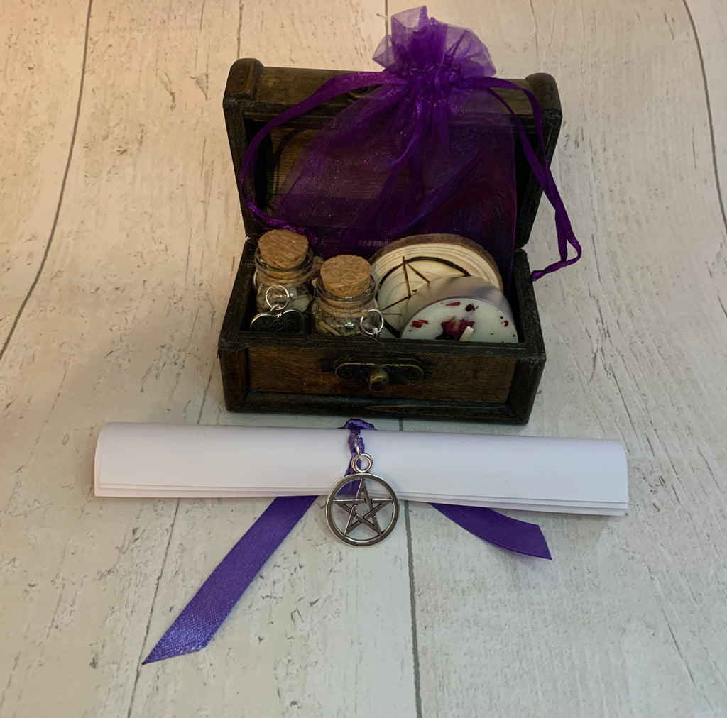Triple spell set  ANXIETY - PROTECTION - SLEEP spell kit in wooden chest • witchcraft , pagan • soy wax vegan candle • gift • spell magick •