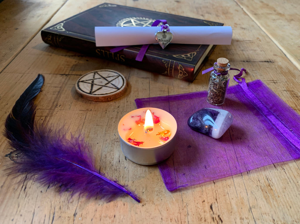 EASE ANXIETY SPELL kit • anti-anxiety spell • deluxe gift set • witchcraft • soy wax candle • relaxing bath salts • angel wing necklace