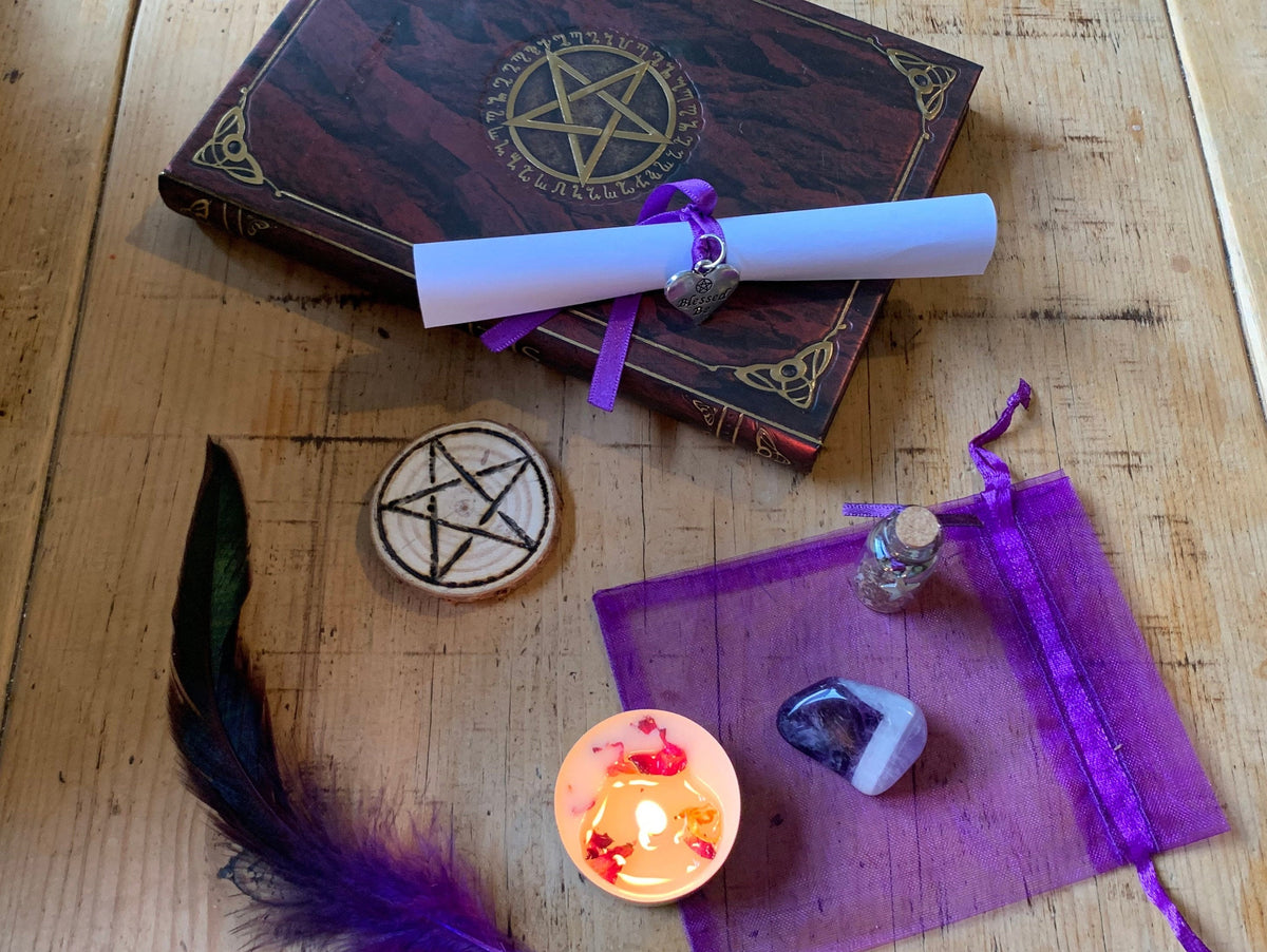 EASE ANXIETY SPELL kit • anti-anxiety spell • deluxe gift set • witchcraft • soy wax candle • relaxing bath salts • angel wing necklace