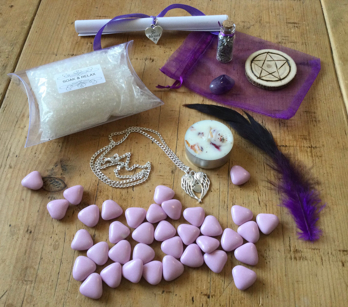 EASE ANXIETY SPELL kit • anti-anxiety spell • deluxe gift set • witchcraft • soy wax candle • relaxing bath salts • angel wing necklace