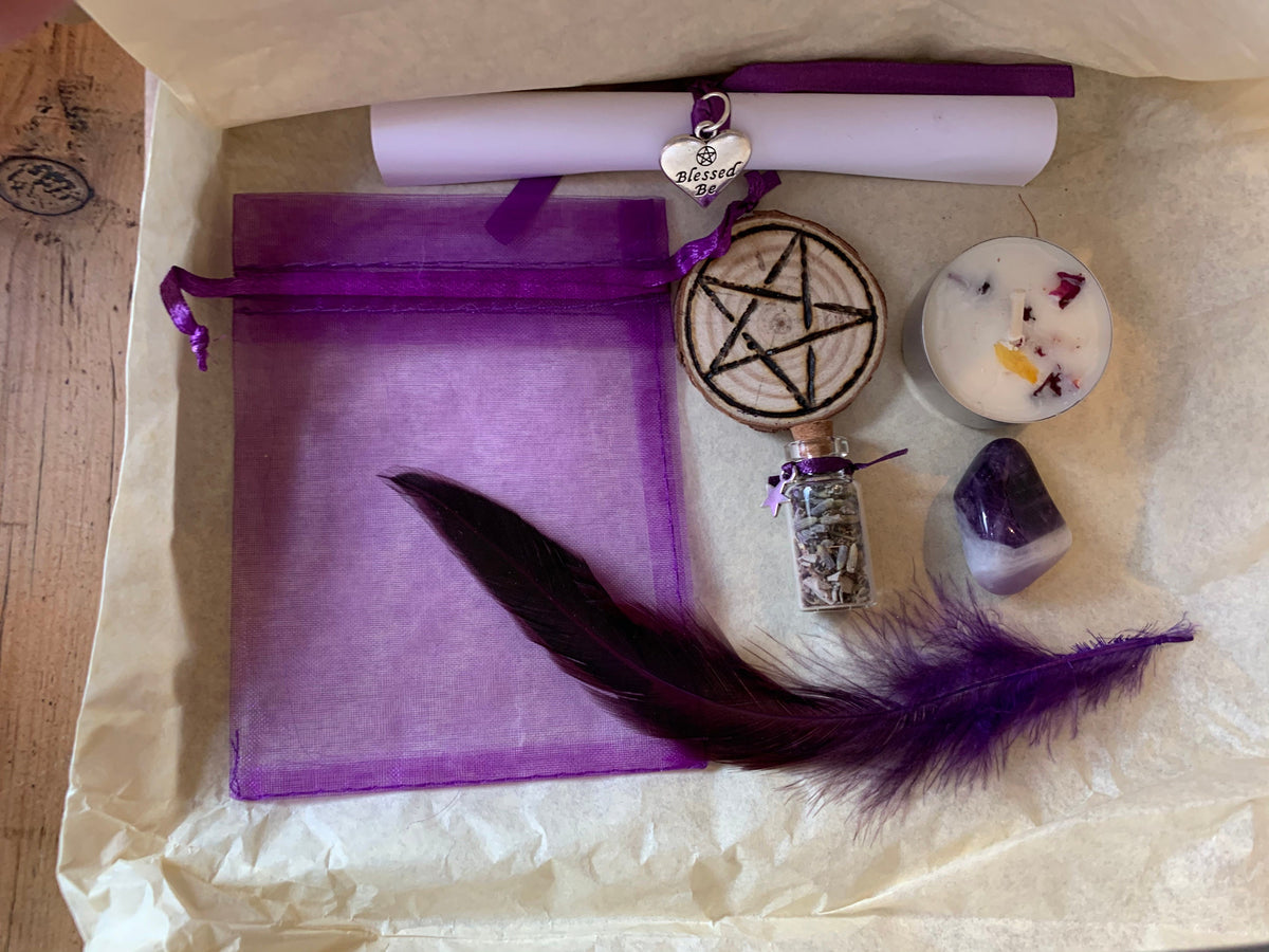 EASE ANXIETY SPELL kit • anti-anxiety spell • deluxe gift set • witchcraft • soy wax candle • relaxing bath salts • angel wing necklace